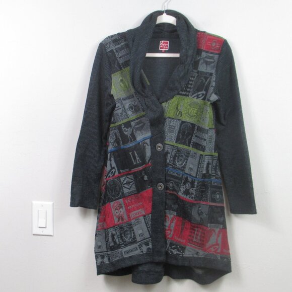 Aventures Des Toiles Multicolor Art Print Cotton Blend Cardigan Sweater Women 40 - Picture 1 of 5